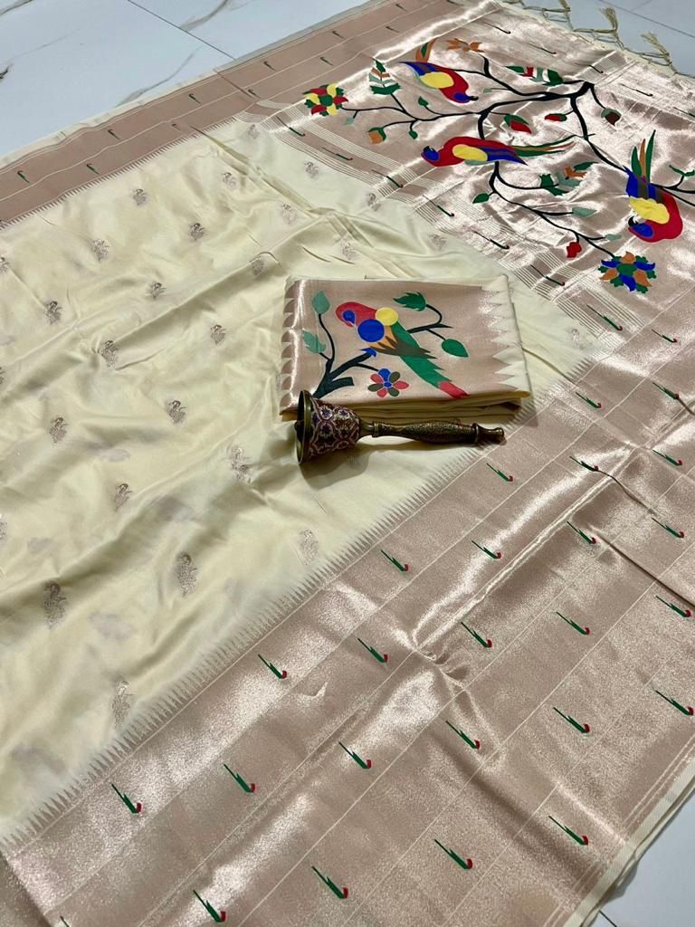 Cream kanjivaram paithani silk sarees