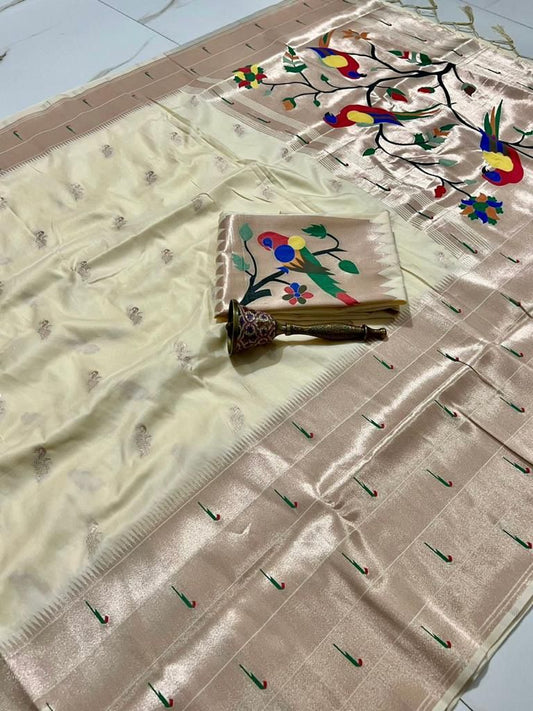 Cream kanjivaram paithani silk sarees