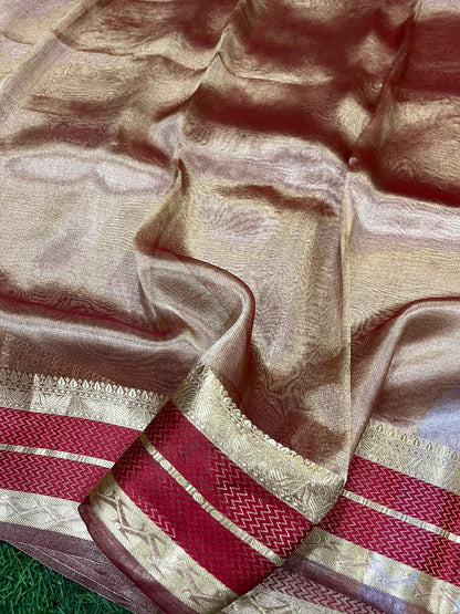 Gold with maroon pure metallic double tissue organza sarees