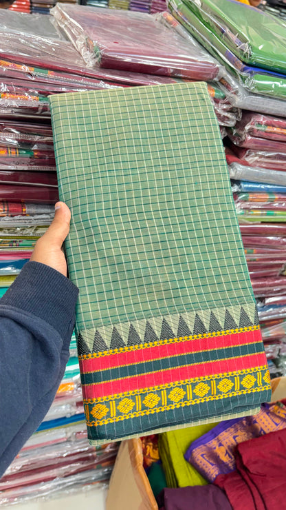 Green Narayanpet cotton checks sarees