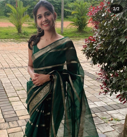 Bottle green Banarasi kora organza silk sarees