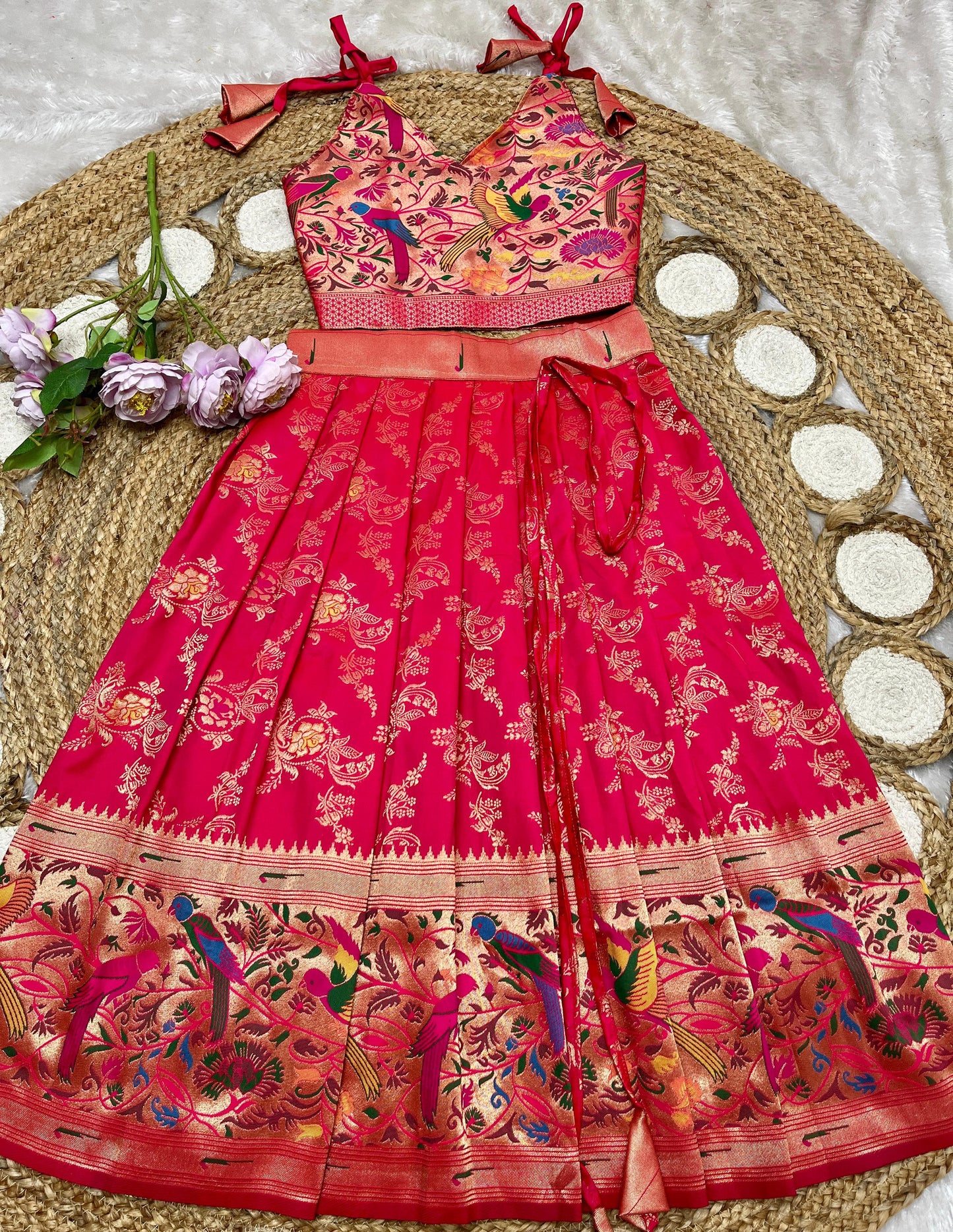 Dark pink Paithani lehenga for kids