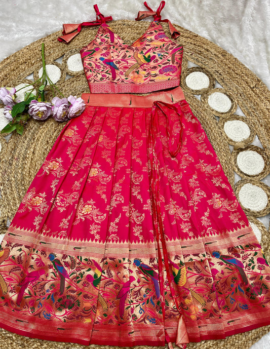 Dark pink Paithani lehenga for kids