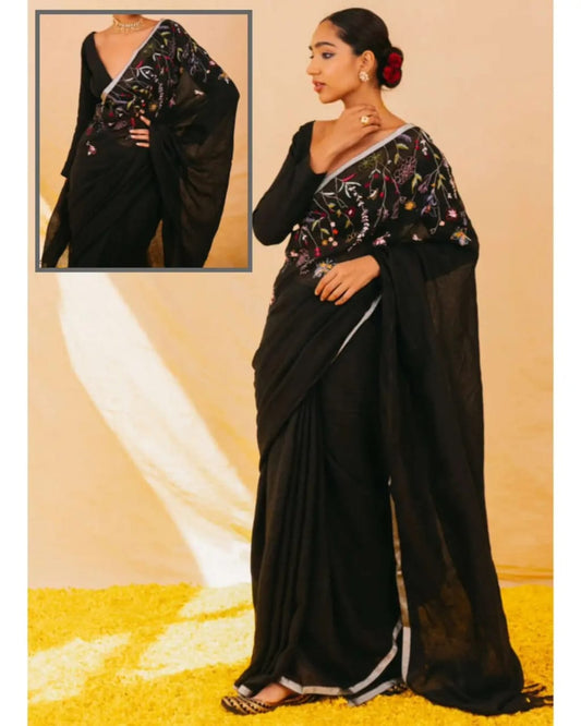 Black linen embroidery sarees