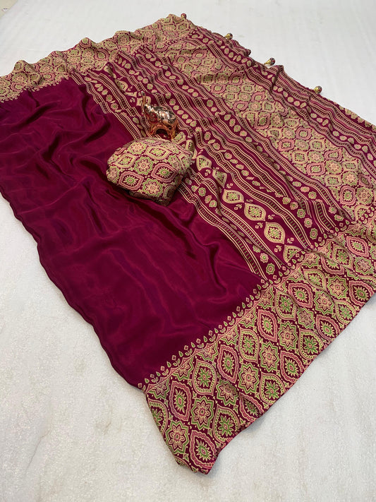 Pure crepe satin ajrakh sarees