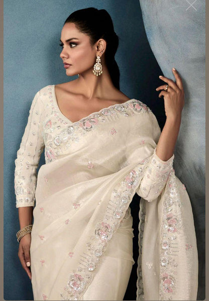 Off white crushed embroidered sarees