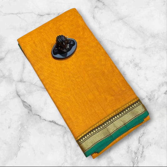 Mango yellow mercerised Narayanpet Cotton sarees with thin border