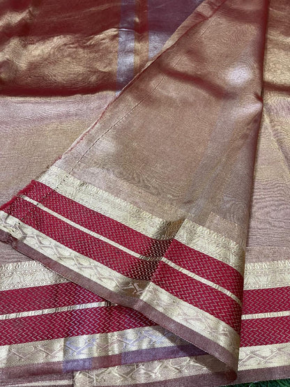 Gold with maroon pure metallic double tissue organza sarees