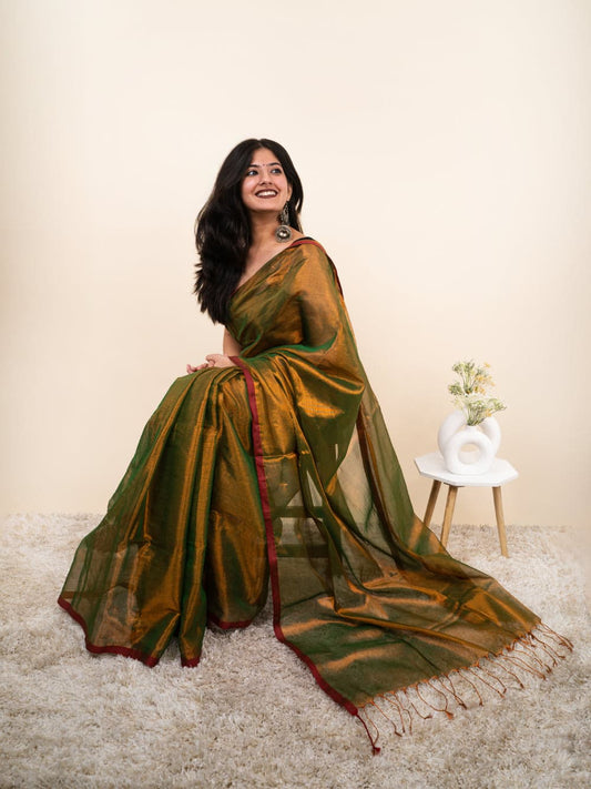 Dark green khadi Tissue cotton sarees