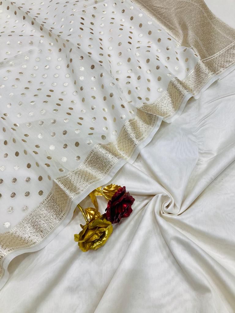 Off white Banarasi plain chanderi silk suit