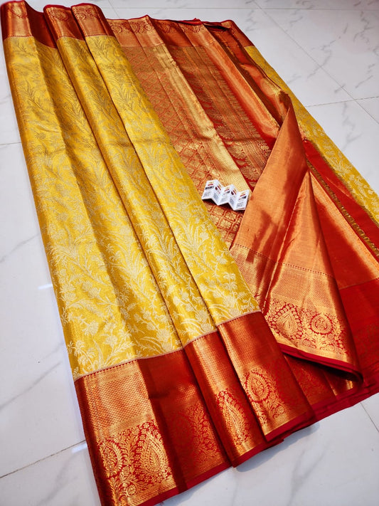 Dark yellow pure kanchipuram bridal silk sarees