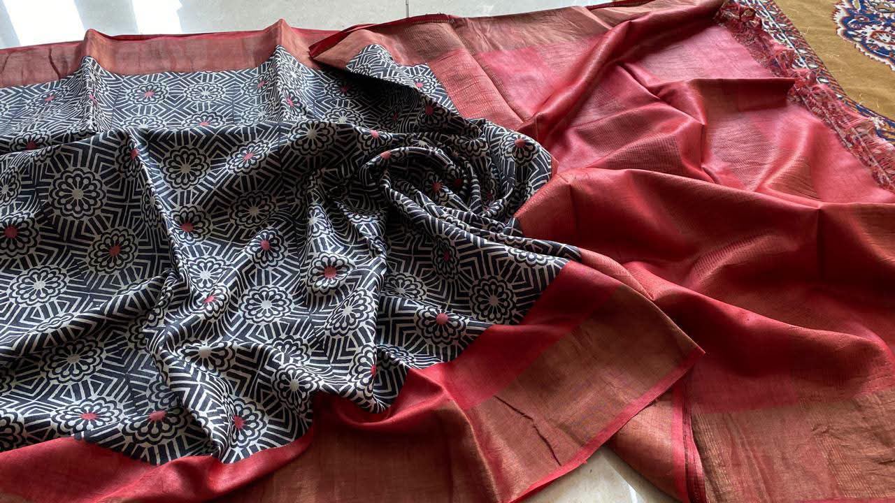 Pure Tussar silk block printed sarees