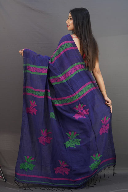 Navy blue 120 counts linen by linen jamdani sarees