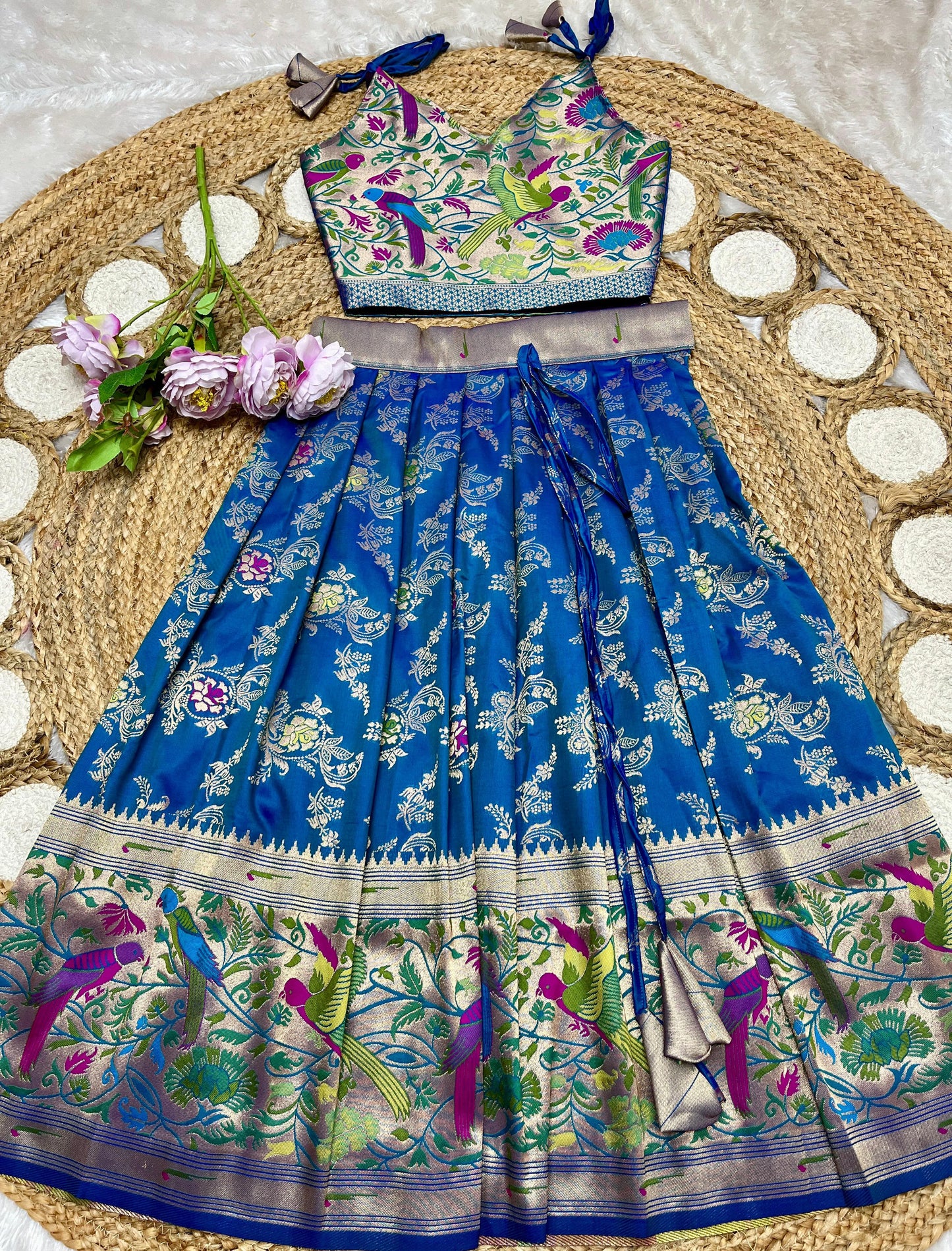 Peacock blue Paithani lehenga for kids