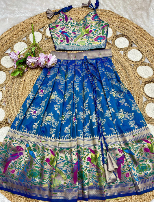 Peacock blue Paithani lehenga for kids