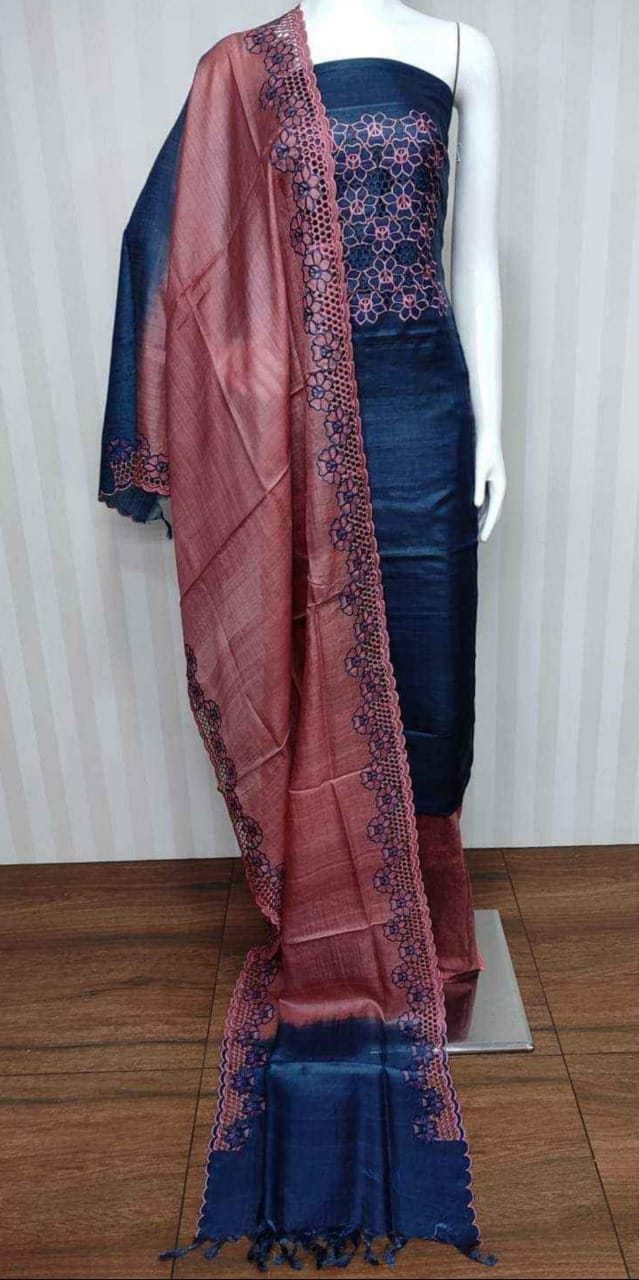 Tussar silk hand cutwork embroidery dress materials