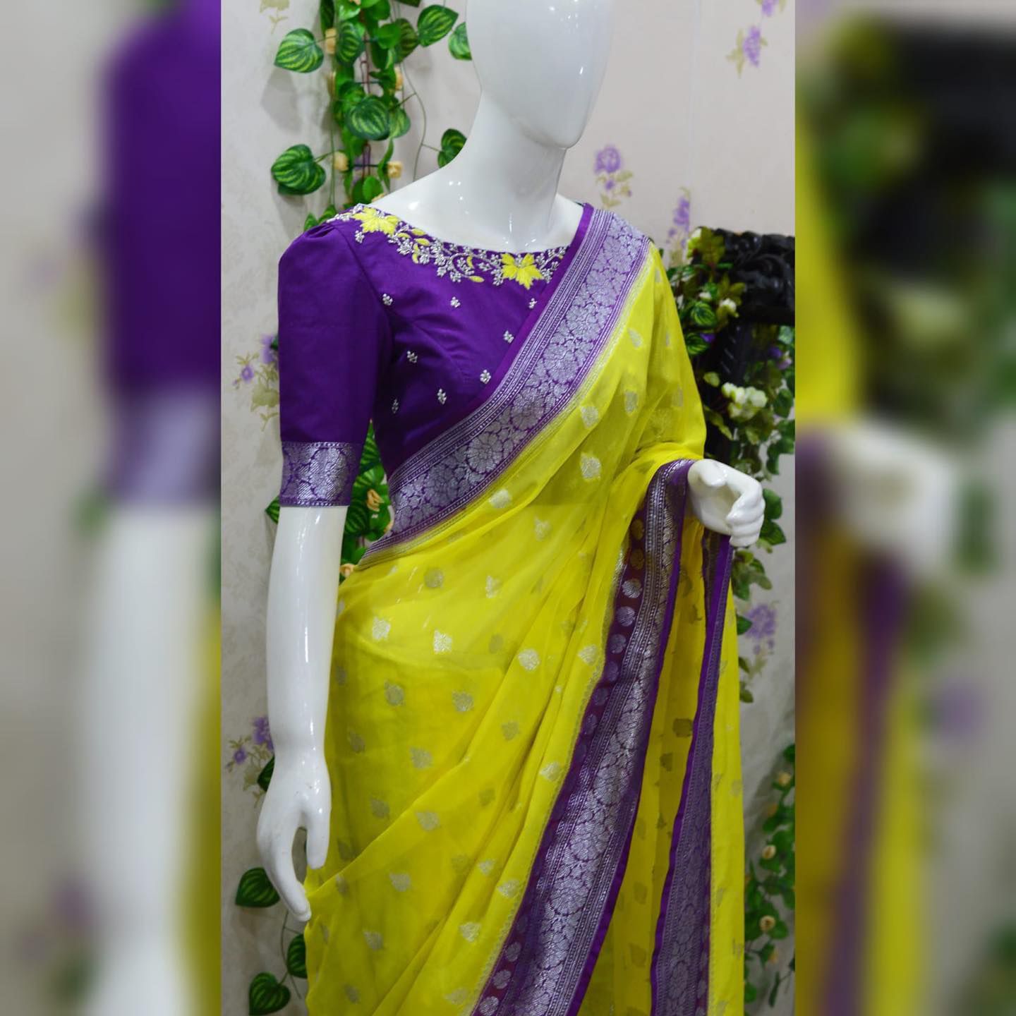 Yellow with dark purple banarasi semi georgette saree