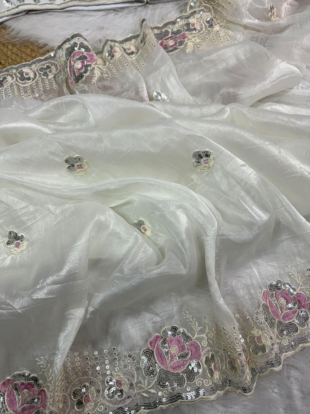 Off white crushed embroidered sarees
