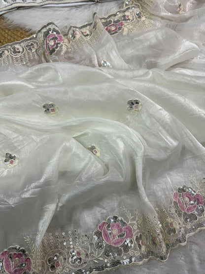 Off white crushed embroidered sarees
