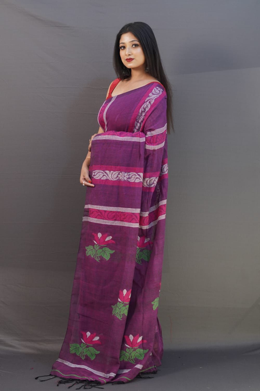 Burgundy 120 counts linen by linen jamdani sarees