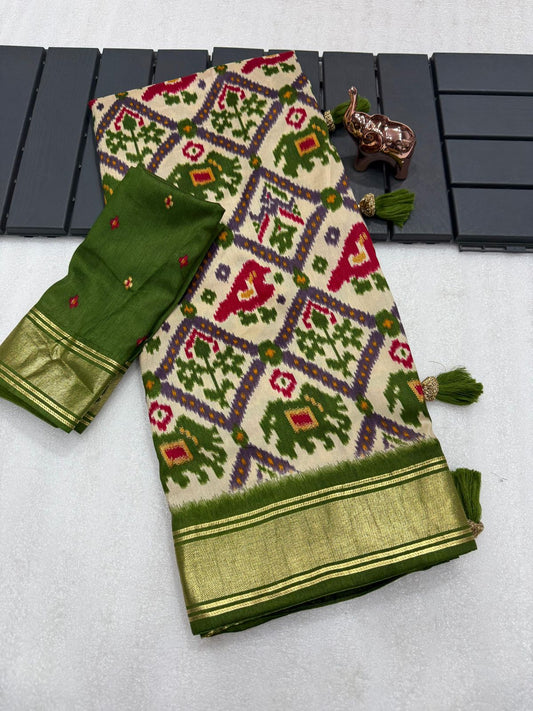 Olive green munga crepe patola silk sarees