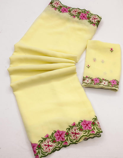 Pastel color faux georgette embroidery sarees