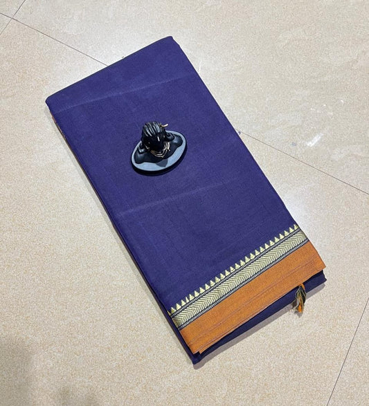 Navy blue mercerised Narayanpet Cotton sarees with thin border
