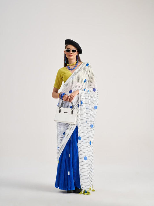 White with royal blue Digital printed Georgette sarees