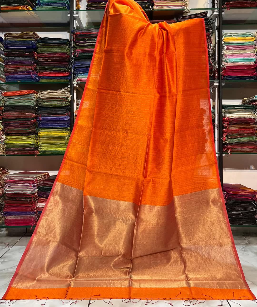 Orange semi silk striped sarees