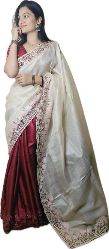 Cream and red Cutwork pure tussar silk sarees