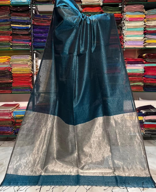 Dark peacock green semi silk striped sarees