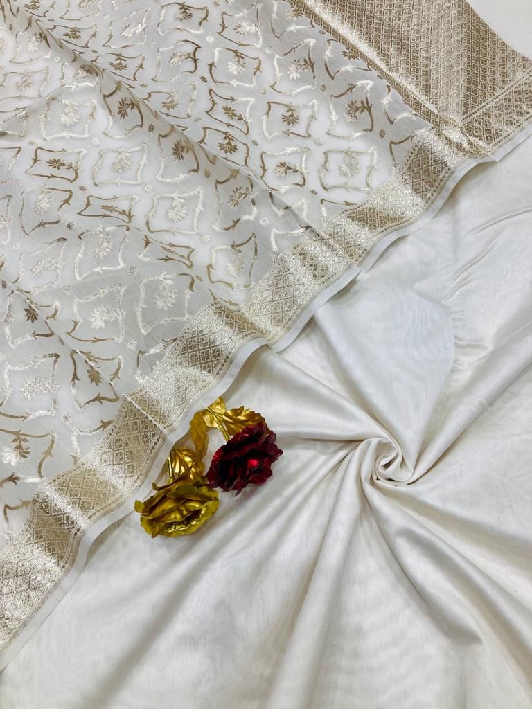 Off white Banarasi plain chanderi silk suit