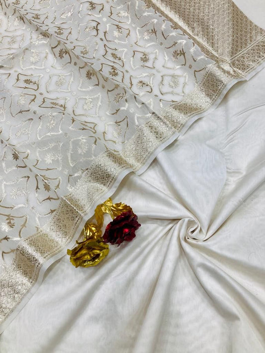 Off white Banarasi plain chanderi silk suit