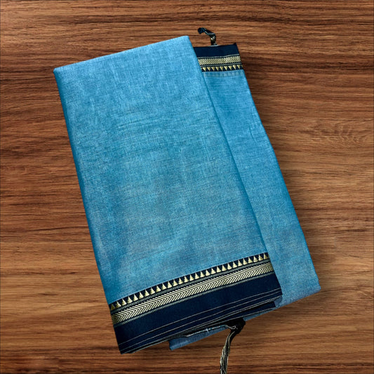 Sky blue mercerised Narayanpet Cotton sarees with thin border