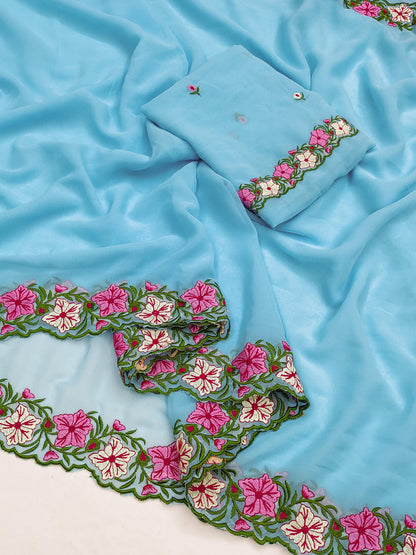 Pastel color faux georgette embroidery sarees