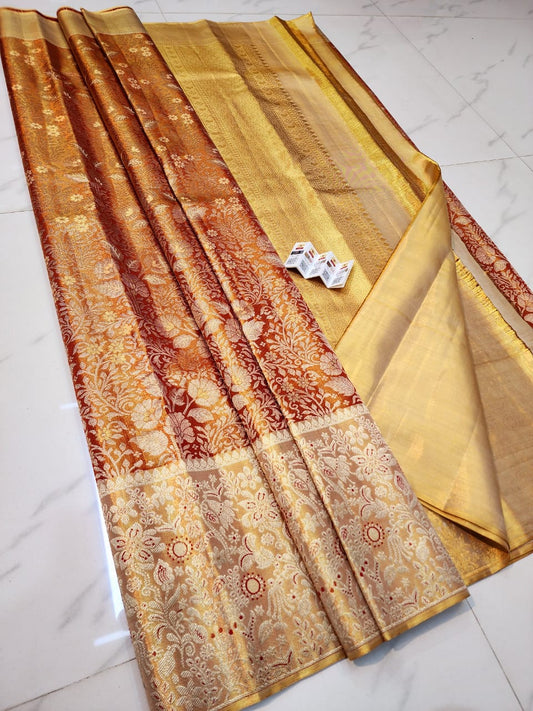 Golden red pure kanchipuram bridal silk sarees