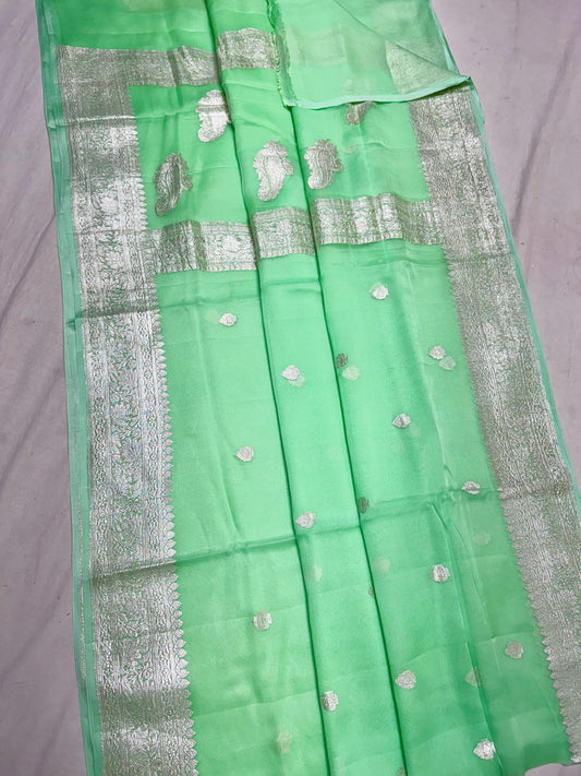 Sea green pure banarasi georgette chiffon sarees