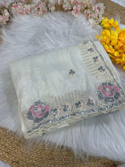 Off white crushed embroidered sarees