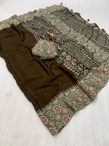 Pure crepe satin ajrakh sarees