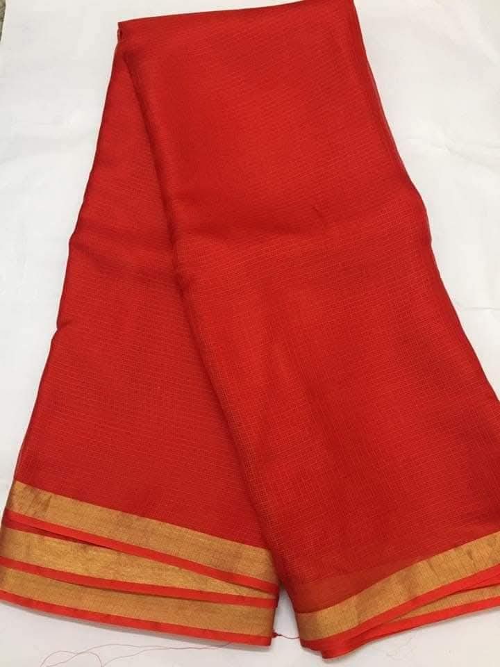 Dark orange kota doria cotton silk sarees