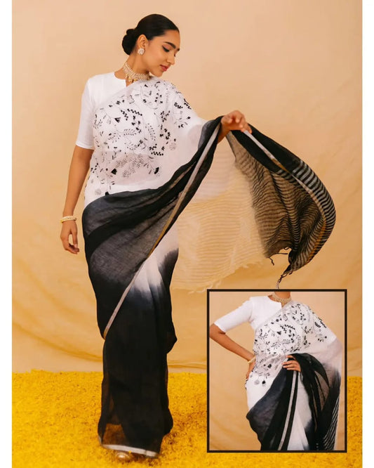 Cream with black linen embroidery sarees