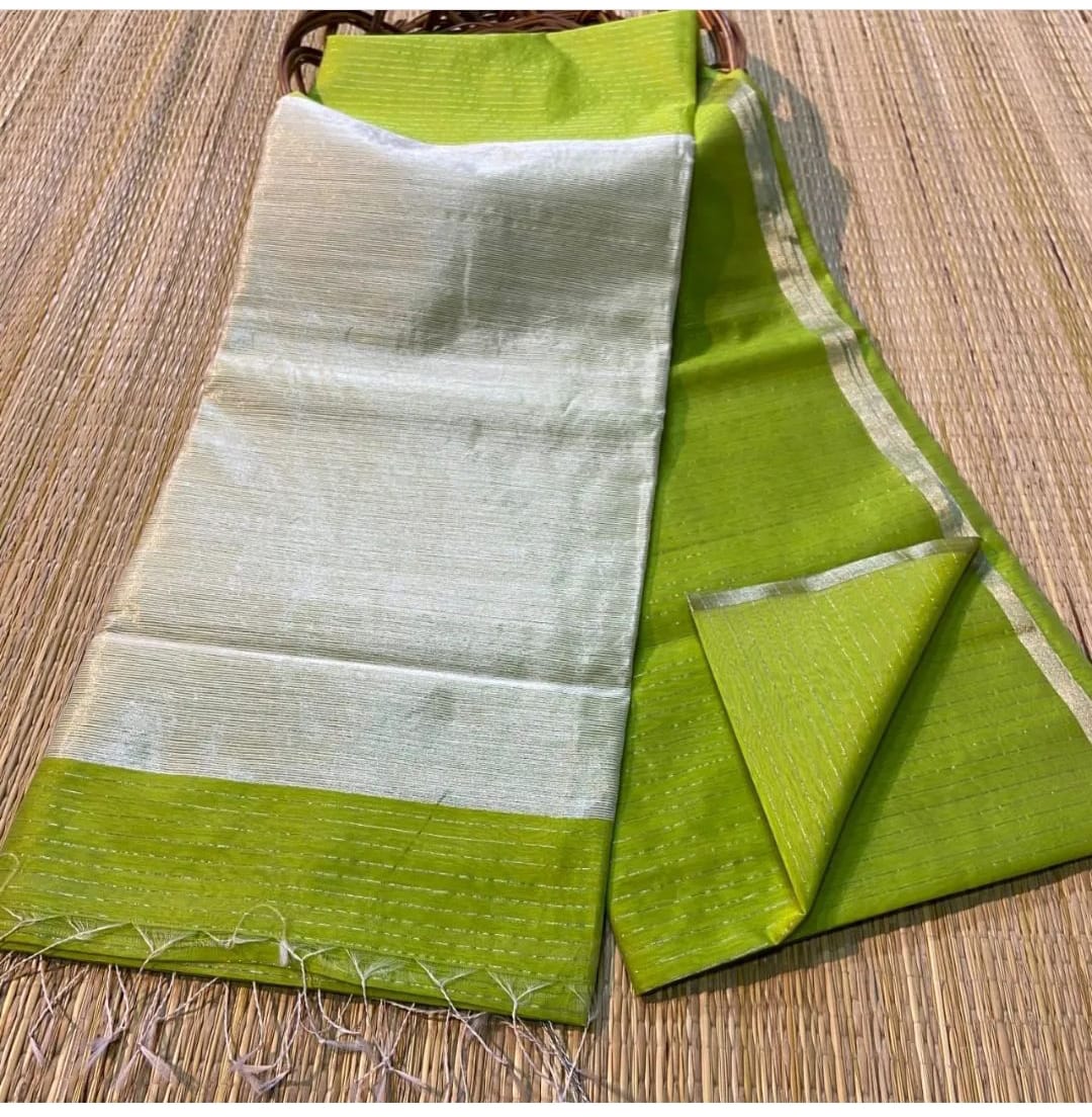 Apple green semi silk striped sarees
