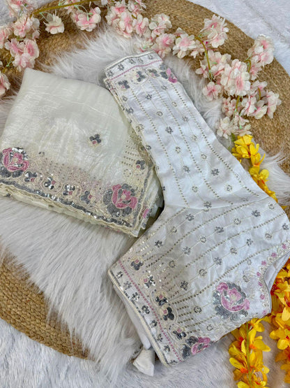 Off white crushed embroidered sarees