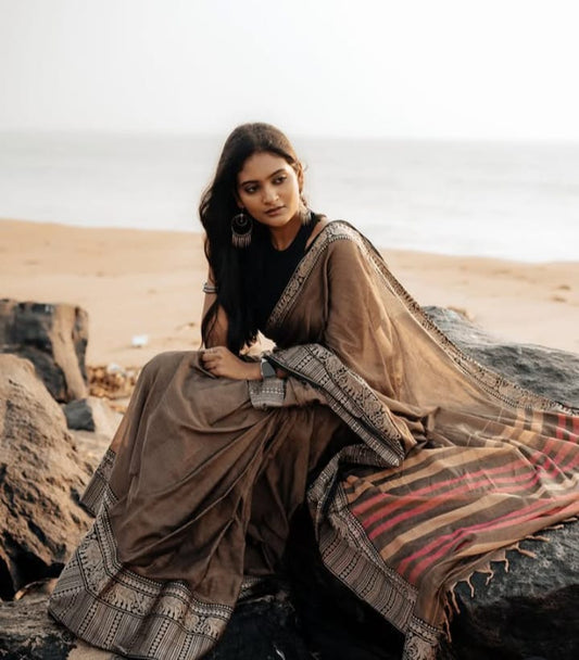 Brown Narayanpet Cotton sarees with elephant border