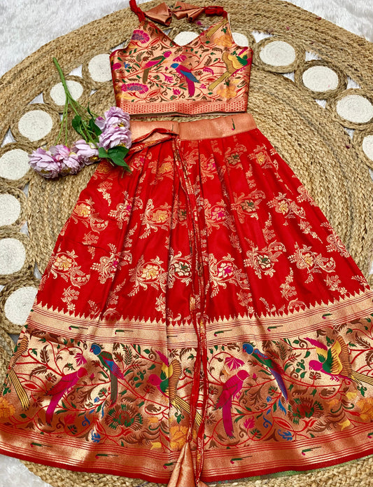 Red Paithani lehenga for kids