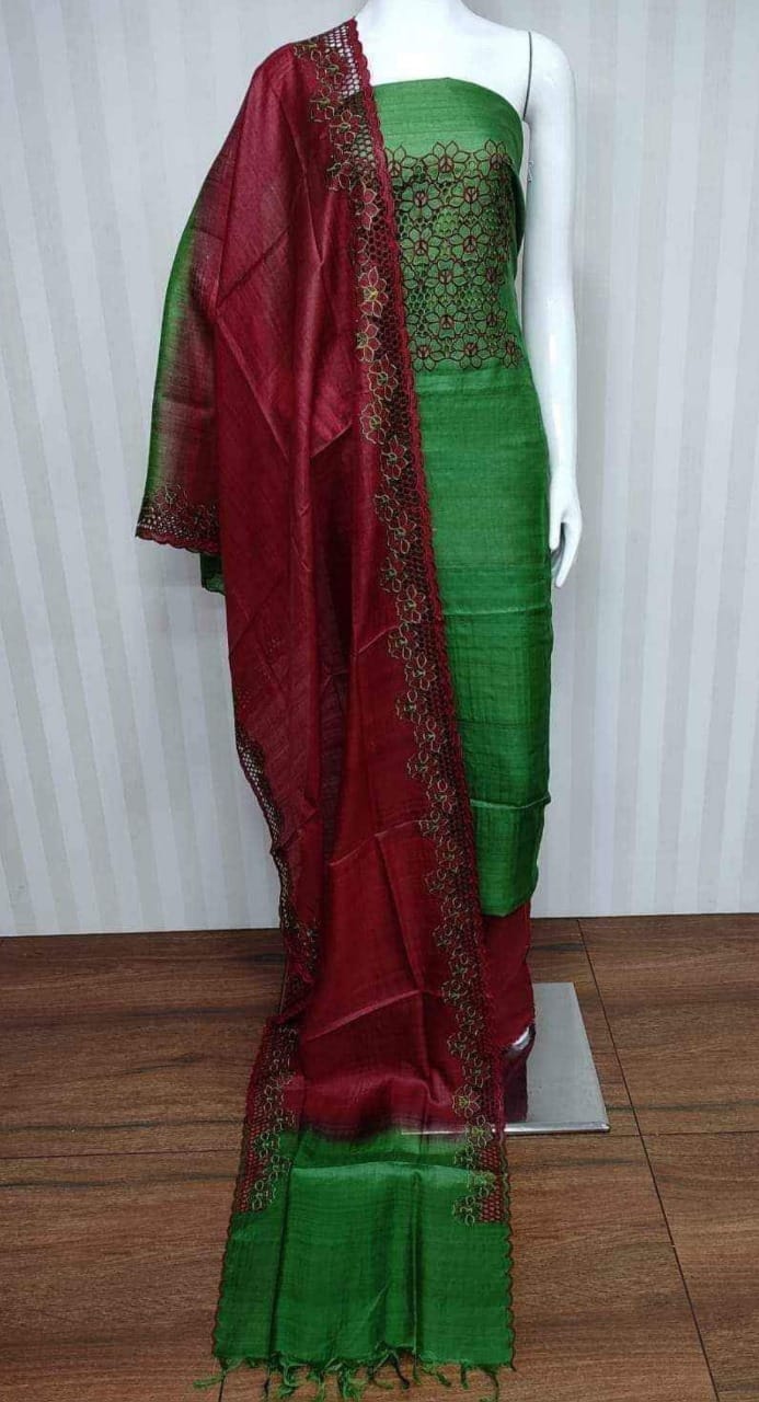 Tussar silk hand cutwork embroidery dress materials