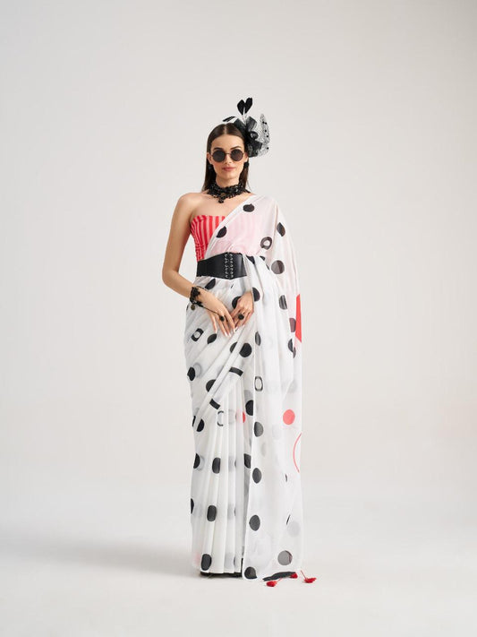 White Digital printed Georgette sarees