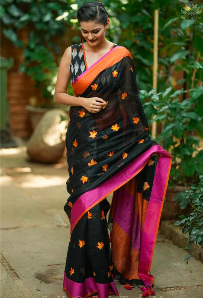 Black linen embroidery sarees