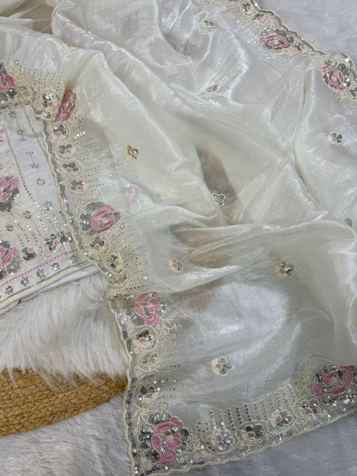 Off white crushed embroidered sarees