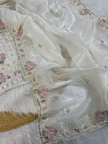 Off white crushed embroidered sarees